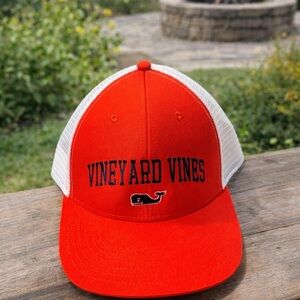 Vineyard Vines Orange and White Mesh Trucker Hat with Navy Whale